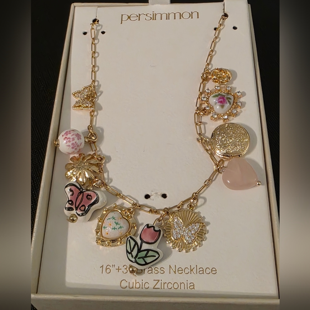 Gold Charm Necklace with Cubic Zirconia - Picture 3 of 3